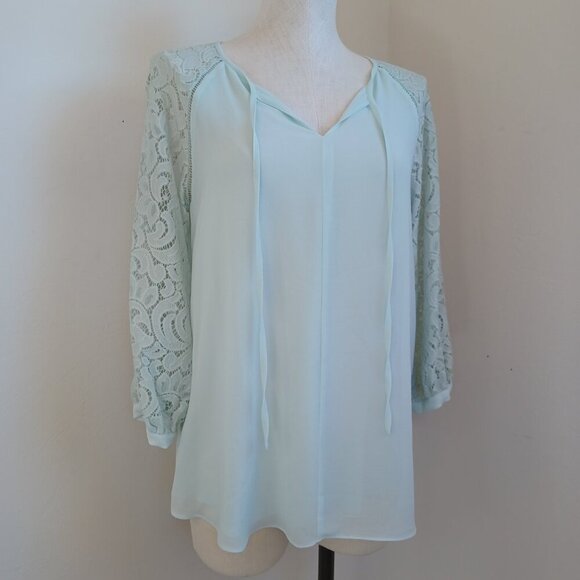 Haute Hippie Tribe Top Woven Chiffon Lace Sleeves Tie Neckline Womens XS - Picture 8 of 16